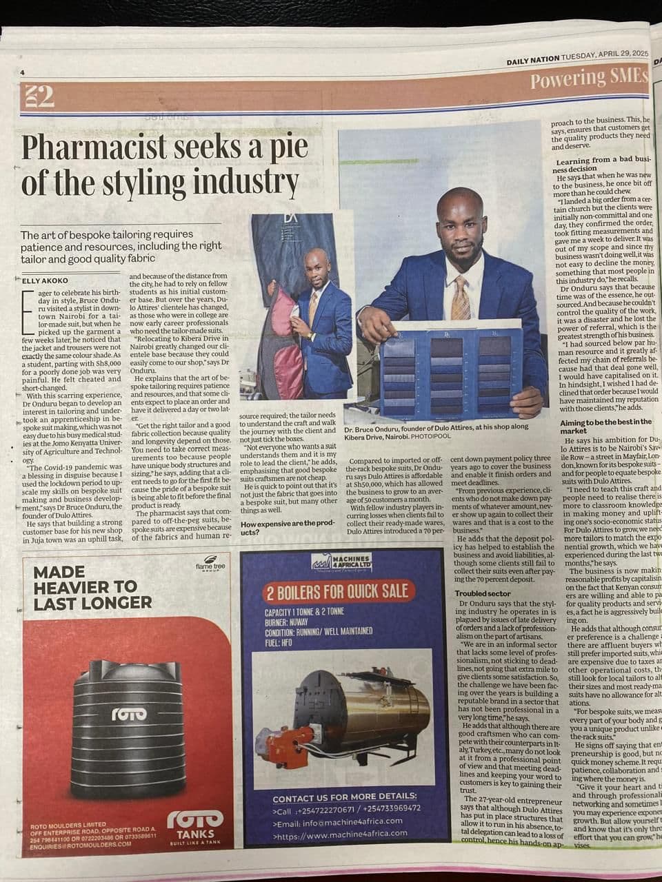 Daily Nation feature on Bruce Onduru and Dulo Attires