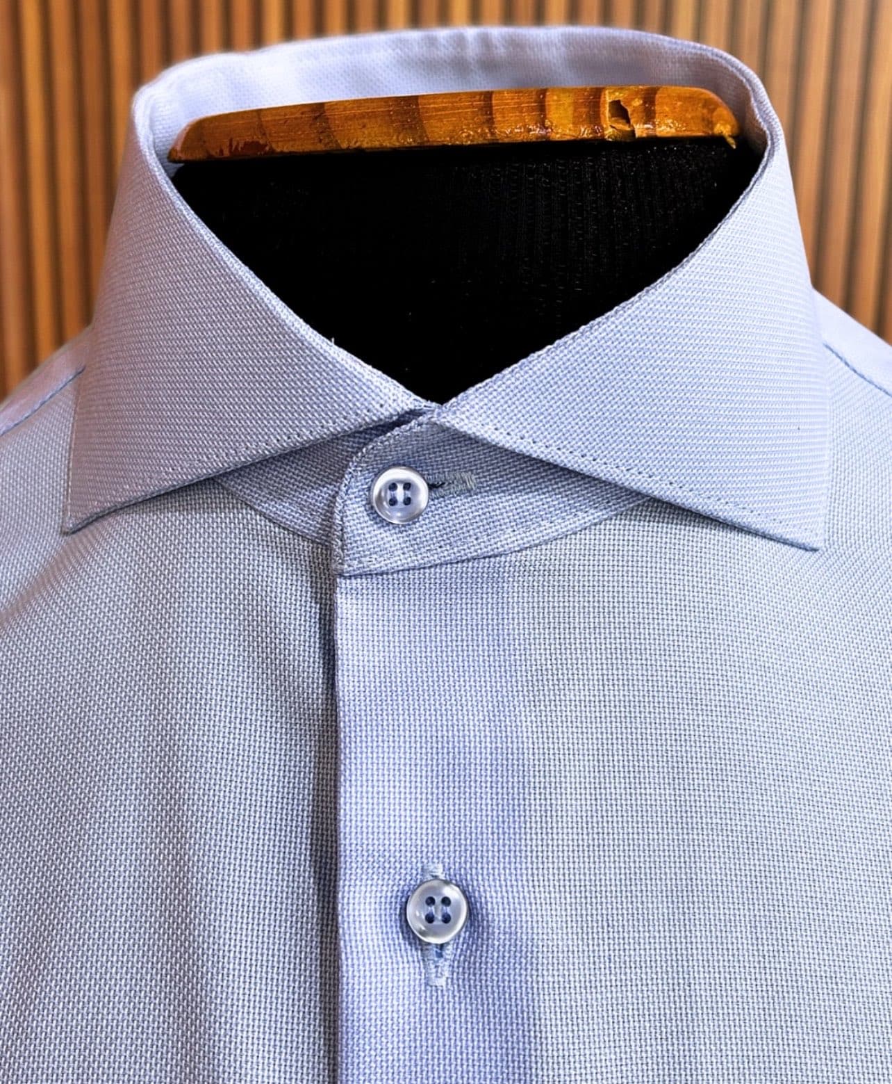 Close detail of bespoke shirting at Dulo Attires